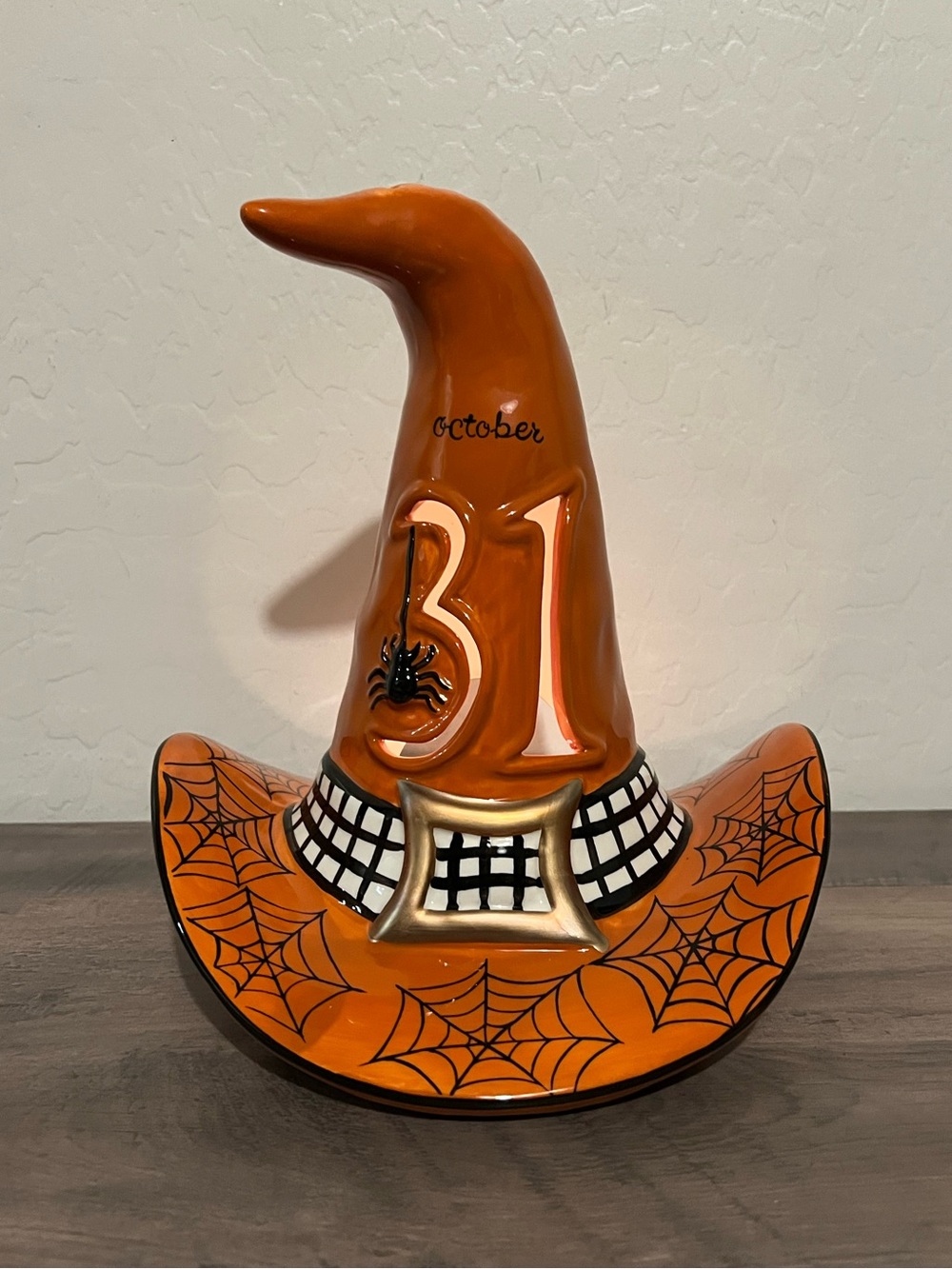 Blue Sky October 31 Orange Spider Web Witch Hat Ceramic Halloween Candle Holder